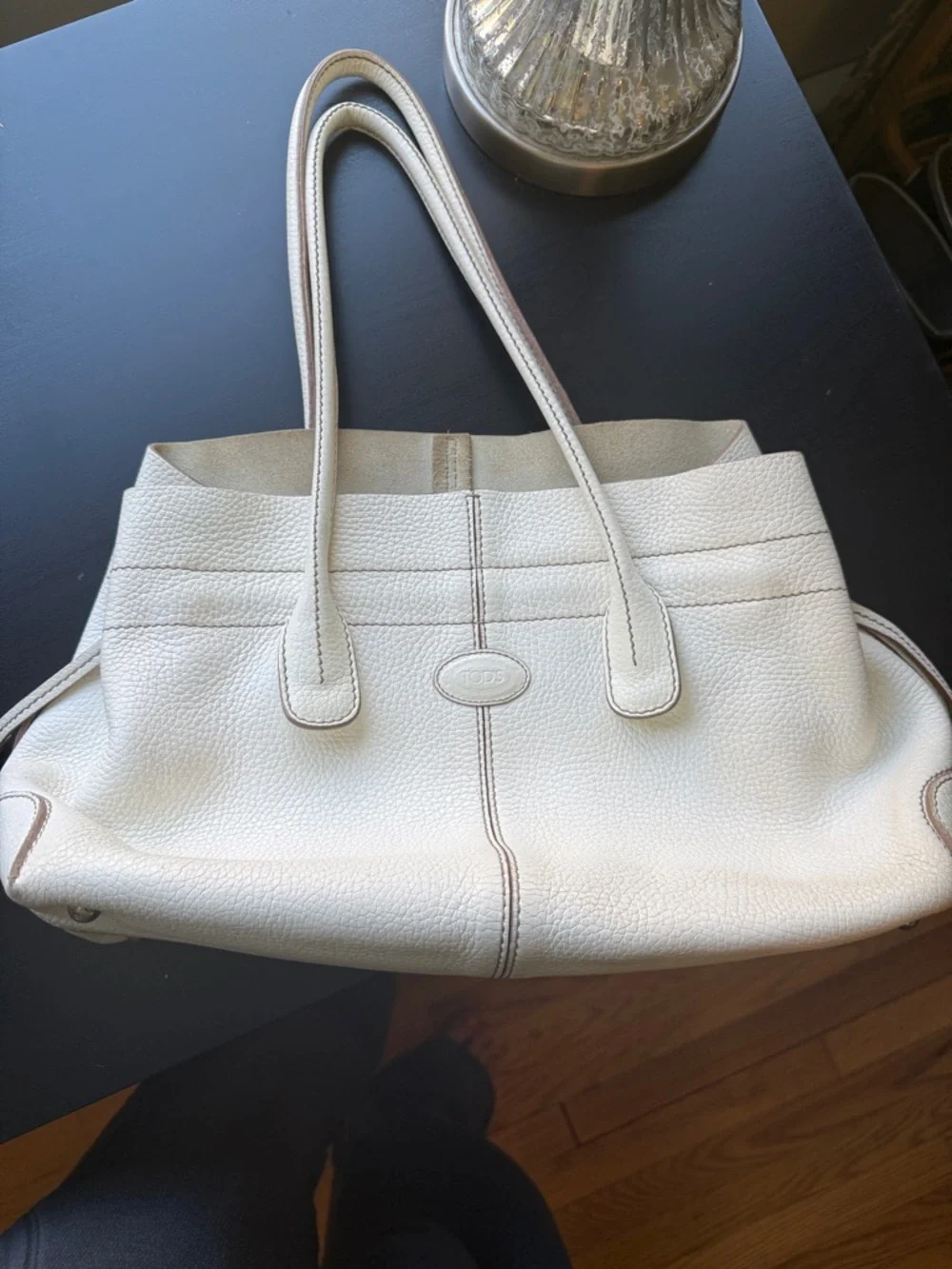 TOD'S Cream-White Pebbled Leather Tote with Top Handles - Picture 11 of 17